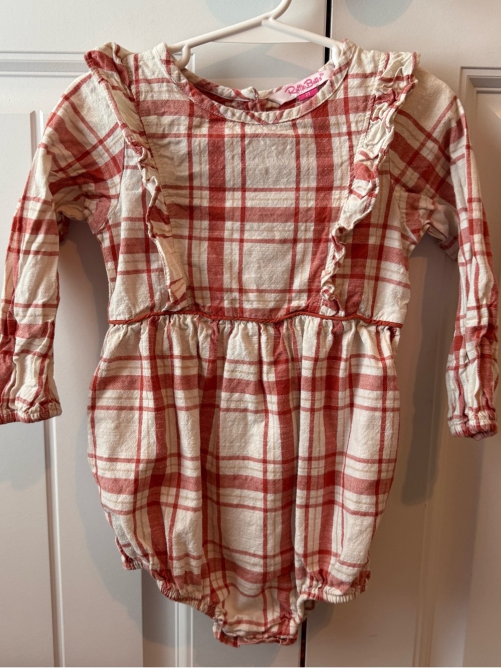 Ruffle Butts Cream and Rust Plaid Ruffle-Trim Long-Sleeve One-Piece